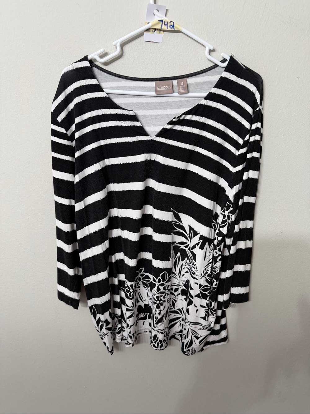 Chico's Black & White Striped V-Neck Floral Hem Long Sleeve Top